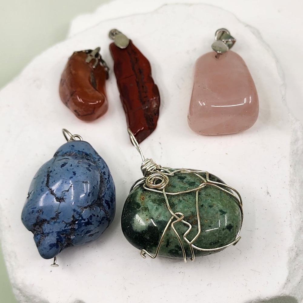 5pc Natural Stone Pendant Set Wire Wrapped Red Pink Blue Green Orange Boho Lot
